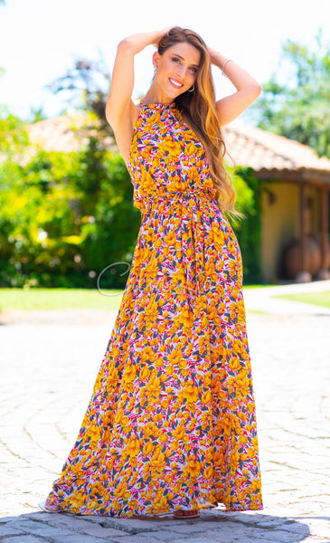 Casual Vestido Largo Amarillo Con Flores MAXI VESTIDO FLOREADO