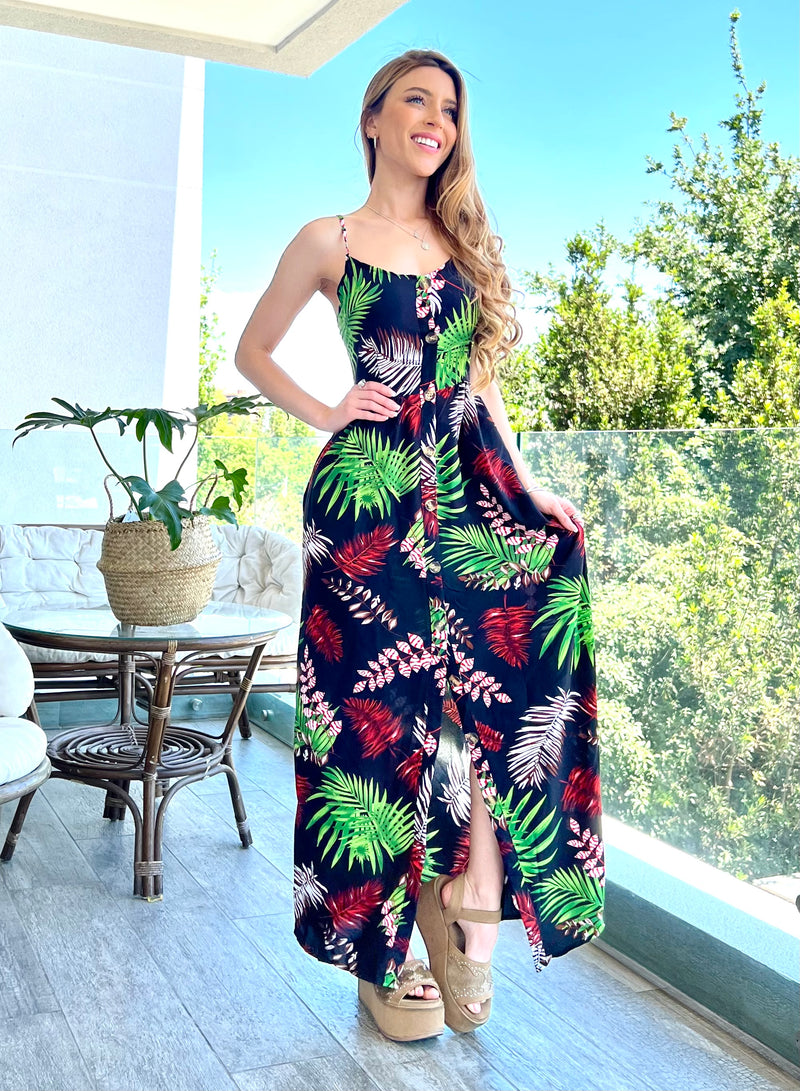 VESTIDO TROPICAL BLACK BOTONES FRONTALES