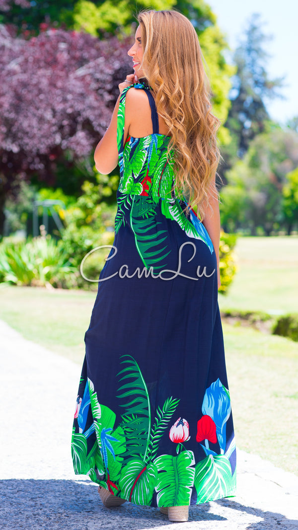 MAXI VESTIDO TROPICAL  CAMLU DISEÑO CON BRETEL  AMARRADO